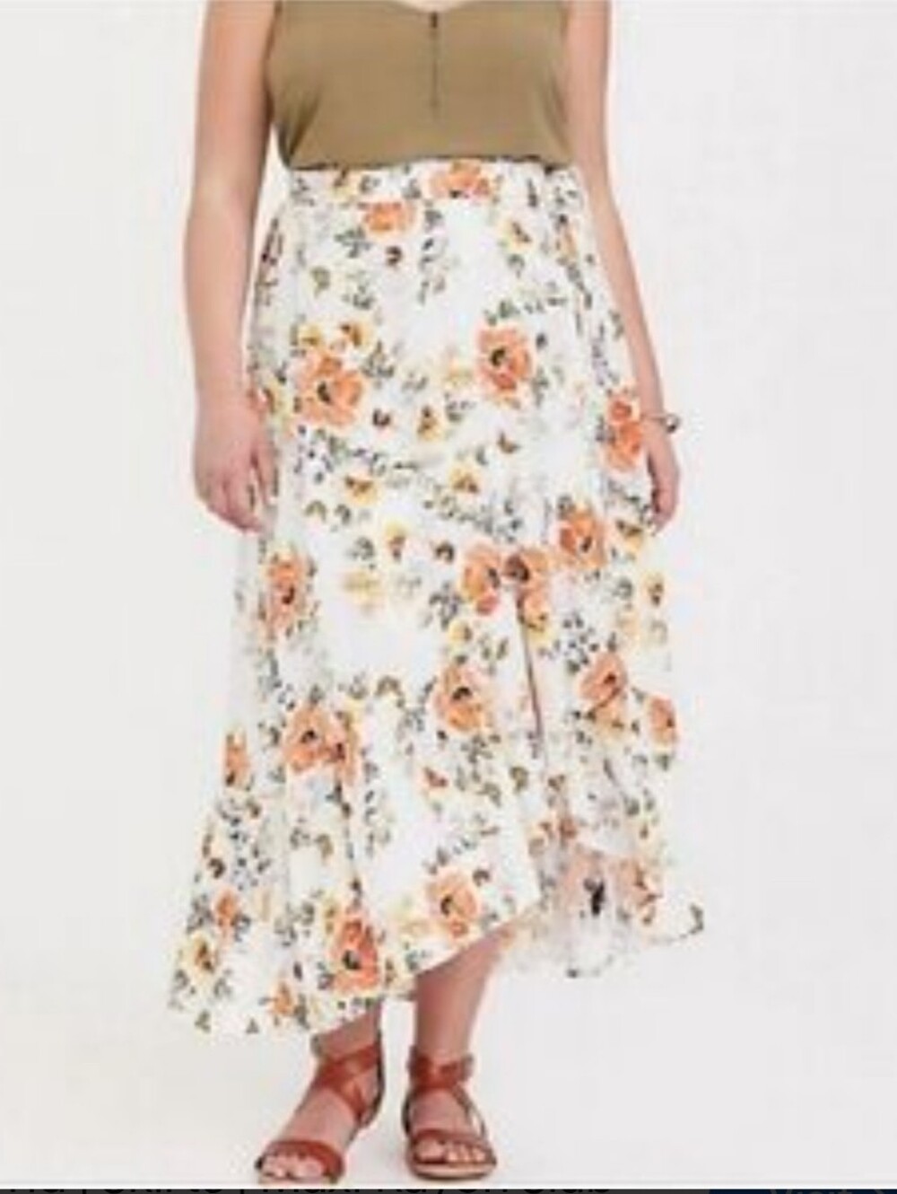 Torrid Floral Wrap High-Low Maxi Skirt in White and Orange Size 2X